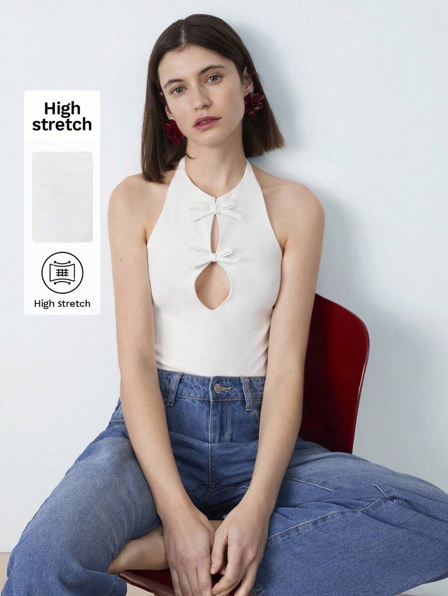 Maija Áo ba lỗ cổ tròn không tay trang trí nơ khoét trắng cho nữ, giản dị tối giản thanh lịch gợi cảm mặc hàng ngày, tiệc tùng, lễ hội ngày lễ tình nhân - trắng - Xem 1
