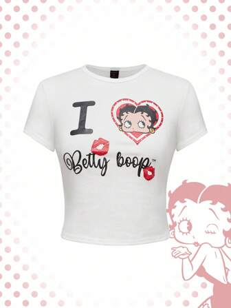 Betty Boop | ROMWE Tight White Graphic Character Print Short Sleeve Women T-Shirt Suitable For Going Out