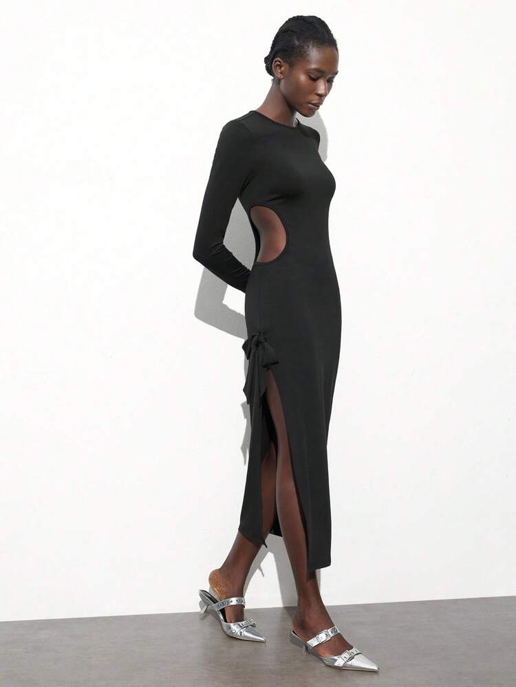 SHEIN Maija Women's Solid Black Crew Neck Long Sleeve Waist Cutout Lace-Up Side Slim Fit Casual Long Dress, Early Spring Modest Going Out Outfits
