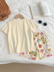 SHEIN Happikins 可爱复古苹果、彩虹、字母、蝴蝶结印花休闲简约短袖上衣和短裤两件套，适合夏季、返校、返校节穿着，少女夏季服装，可爱卡通图案女童两件套婴儿服装，可爱衬衫 - 彩色 - 查看 3