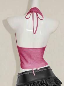 SHEIN ICON 2pcs Summer Going Out Beach Hawaii Party Homecoming Concert Club Glitter Backless Women Tank Tops & Camis Pink Halter Top,Sexy Top