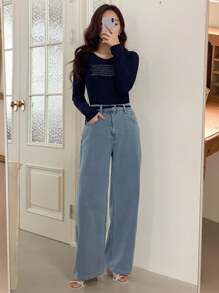 DAZY 浅色水洗蓝色直筒休闲牛仔裤，适合所有季节 - 淺色水洗藍 - 查看 6