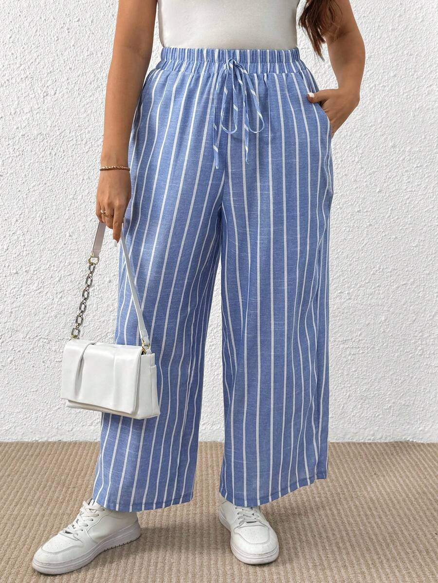 EMERY ROSE 大码女高腰松紧腰系带斜口袋条纹宽松阔腿裤休闲长裤 - 藍白色 - 查看 1