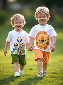 Conjunto de 4 piezas para bebé niño, izquierda: Camiseta blanca con estampado de jirafa + pantalones cortos verde fresco, lleno de encanto infantil; derecha: Camiseta con estampado de león + pantalones cortos de cintura elástica naranja, moda y juguetona - Multicolor - Ver 4