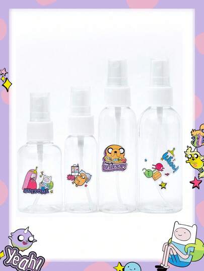 Adventure Time X ROMWE Set de 4 mini botellas de rocío transparentes de PET con diseños de dibujos animados para cosméticos y perfumes