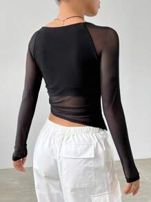 SHEIN EZwear Spring Black Square Neck Asymmetrical Hem Crop Mesh Date Night Top - Black - View 2