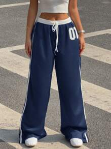 SHEIN EZwear 加大码女式数字印花抽绳腰阔腿宽松休闲裤，假日 - 藏蓝色 - 查看 5