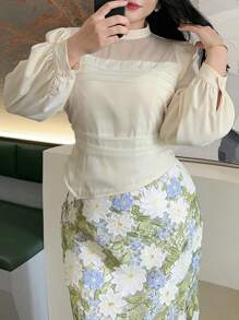 Dazy Plus Blusa de mujer talla grande con contraste de color, cuello alto de malla, manga farol, ropa de mujer de otoño, blusa de manga larga