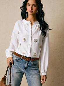 Poéselle Blouse en coton brodée d'œil du mal de style boho - Chemise à manches ballons à boutons blancs, Top boho brodé, Blouse blanche pour femmes, Chemise à manches ballons, Broderie motif œil, Blouse cottagecore, Festival femmes, Chemise mode à manches longues à paillettes motif œil pour femmes, Costumes d'Halloween, Automne femmes - Blanc - Voir 6