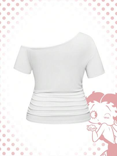 Betty Boop | ROMWE T-shirt ajusté à épaule asymétrique avec imprimé drapeau américain et dessin animé, grande taille, style décontracté d'été
