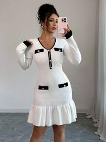 Franclia 全新复古法式拼色V领长袖针织修身中长连衣裙