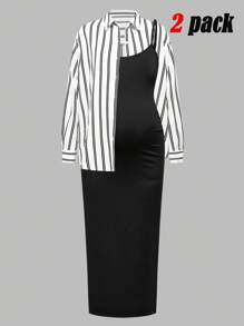 SHEIN Fall Clothes,Autumn Clothes,Maternity Autumn Clothes Maternity 2pcs Maternity Striped Long Sleeve Button-Down Shirt And Cami Dress Casual Set