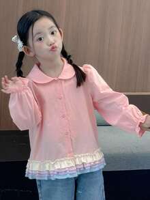 DAZY Young Girls' Casual Cute Frill Trim Button Front Blouse - Pink - View 6