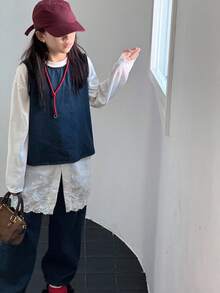 Dazy Kids 2 件套青少年女孩牛仔无袖圆领上衣和牛仔裤套装，秋季服装 - 藍色 - 查看 4