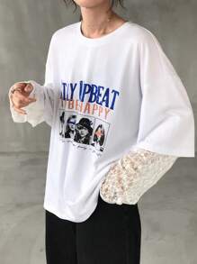 FRIFUL Women's White Round Neck Drop Shoulder Sheer Lace Patchwork Chest Print Loose Casual Versatile T-Shirt, Autumn - White - View 4