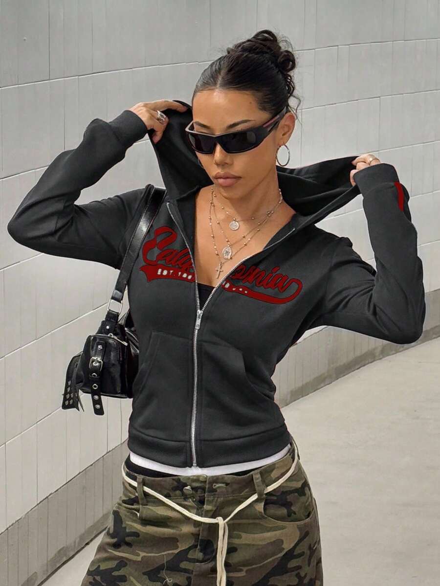 SHEIN Unity 复古美式拉链连帽修身女式秋季运动衫 - 灰色 - 查看 1