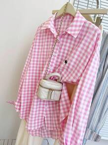INAWLY Camisa casual de mujer de manga larga, de un solo pecho, con hombros caídos y estampado de cuadros, para verano - Rosa - Ver 3