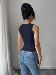 Elenzga 女士时尚优雅纯色高品质休闲翻领开襟无袖假口袋上衣，适合工作场合穿着 - 藏蓝色 - 查看 2