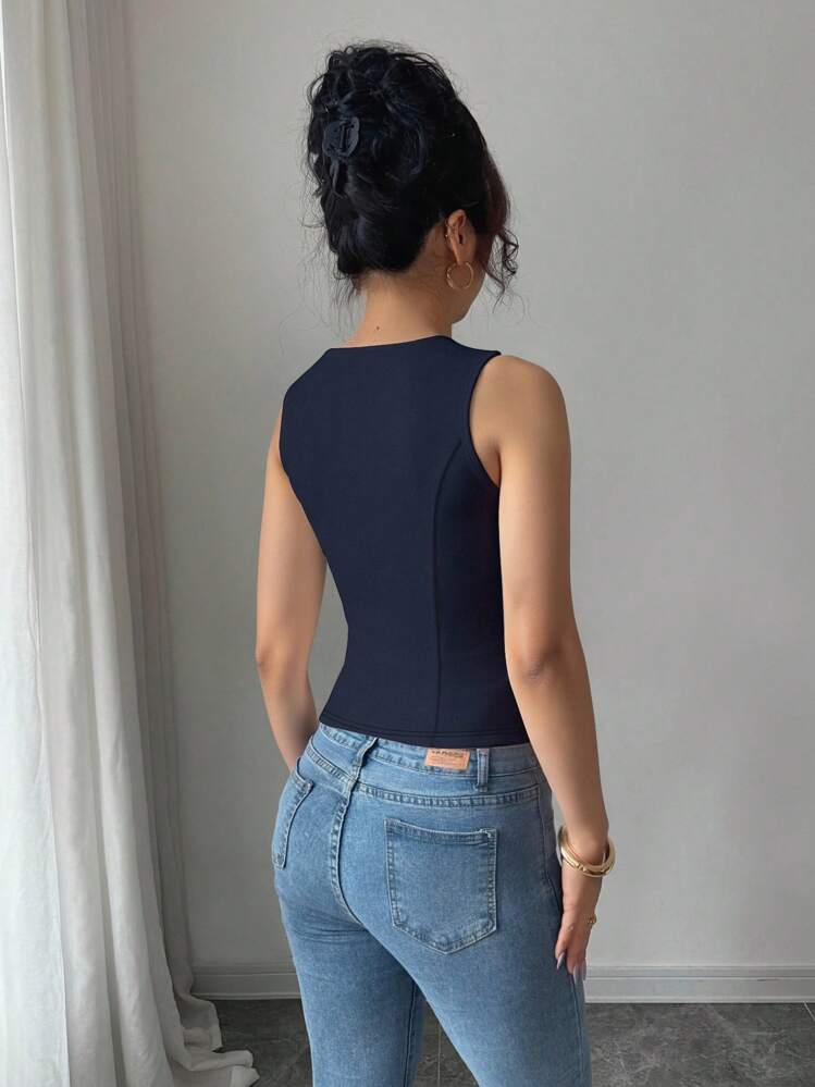 Elenzga Áo kiểu nữ thời trang, thanh lịch, màu trơn, chất lượng cao, cổ bẻ, không tay, dáng suông, có túi giả, thích hợp đi làm. - Màu xanh hải quân - Xem 2