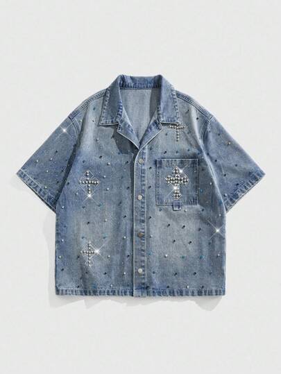 Street Life Men's Fashionable Rhinestone Washed Denim Short Sleeve Shirt