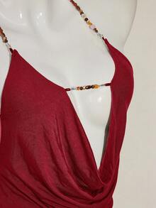 SHEIN ICON Women's Red Beaded Spaghetti Strap Backless Sexy Camisole - Burgundy - View 8