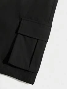 SHEIN Tween Boys 简约纯色迷你字母撞色灰色短袖 T 恤和米色工装短裤套装，休闲校园舒适时尚百搭柔软面料适合春夏季日常穿着、上学、旅行、户外运动 - 軍綠色 - 查看 6