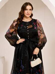 Veilorie Plus Size Women Elegant Floral Print Arabic Style Dress