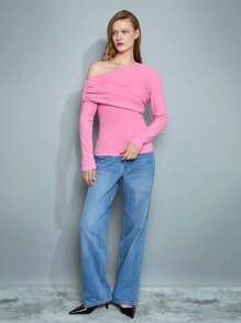 Maija 女士优雅纯色斜肩长袖褶皱休闲T恤，时尚日常穿着，适合新年、秋冬情人节