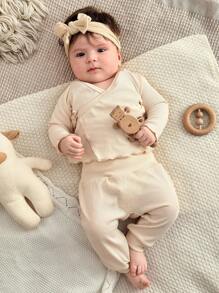 SHEIN 6pcs Newborn Solid Color Long Sleeve Top And Pants Set, Fashionable For Summer Fall Winter