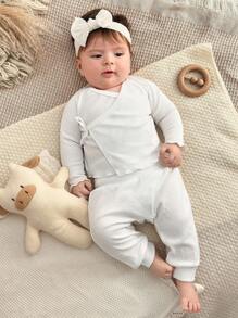 SHEIN 6pcs Newborn Solid Color Long Sleeve Top And Pants Set, Fashionable For Summer Fall Winter