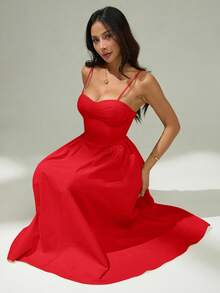 SHEIN PETITE Women's Solid Color Waist Cinched Elegant Spaghetti Strap Dress Red Midi Dress,Elegant Dresses For Women,Party Dresses For Women ,Petite Women - Red - View 7