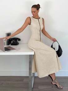 Siren Gaze 女式无袖撞色休闲长裙 - 杏色 - 查看 5