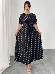 Modelyn Vestido de manga corta con cuello redondo y estampado de mariposa para tallas grandes - Negro - Ver 5