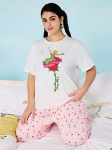LE PETIT PRINCE X SHEIN Plus Size Women's Summer Fall Autumn Y2k Cleanfit Atry Chic Cute Dreamy  Retro Vintage Casual Vacation Vibe Back To School Clothes Preppy Style  Kawaii  Streetwear Loose White Pink  Comfortable Rose Floral Pattern Round Neck Short Sleeve T-Shirt And Pants Pajama Set, Summer - Multicolor - View 5