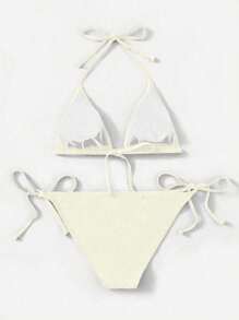 SHEIN Swim 2件組 女款夏季海灘純色掛脖式性感比基尼泳衣套裝 - 米色 - 查看 2