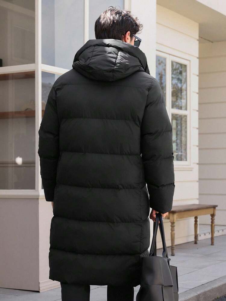 Men's Long Black Hooded Thick Padded Winter Coat