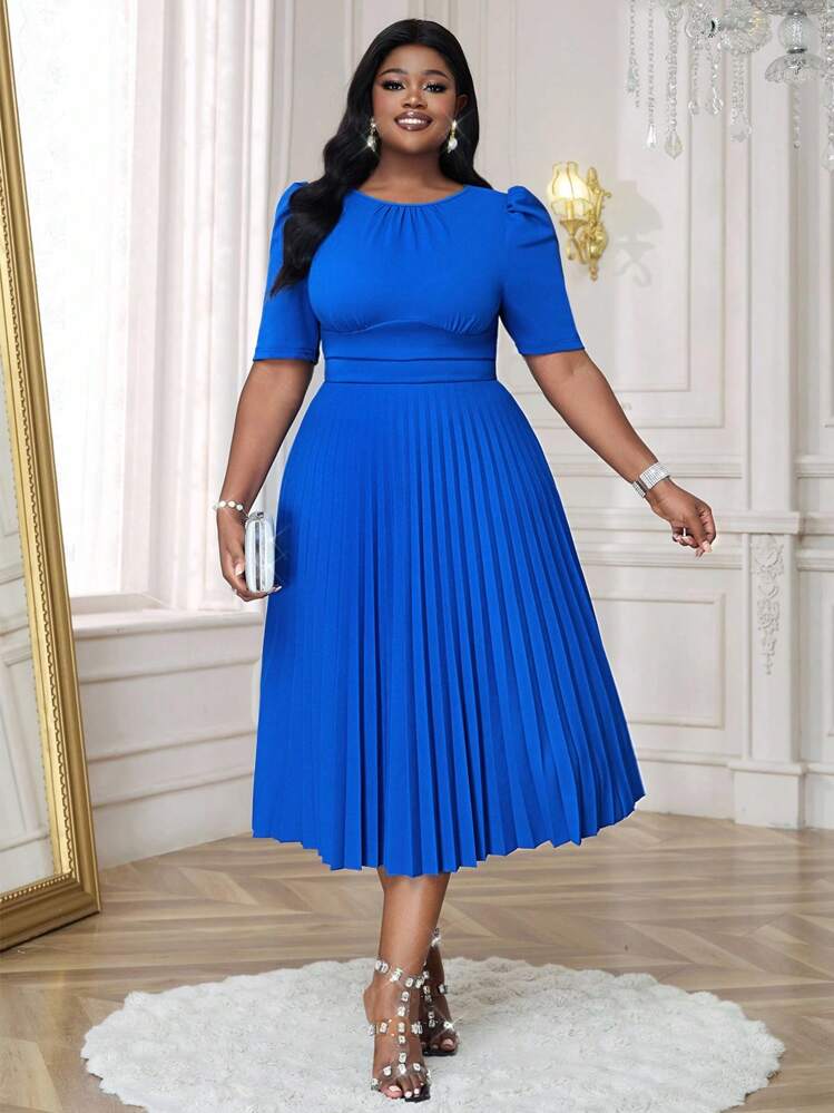 shein royal blue dresses plus size SHEIN Lady Plus Size Royal Blue Pleated Dress,Elegant Knitted Round Neck  Puff Sleeve A-Line Mid-Length Sundress For Women,Autumn Wedding Guest  Cocktail Outfits