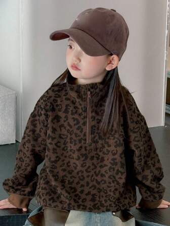 Dazy Kids Young Girl Casual Loose Leopard Print Sweatshirt