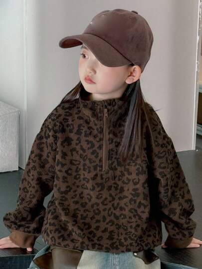 Dazy Kids Young Girl Casual Loose Leopard Print Sweatshirt