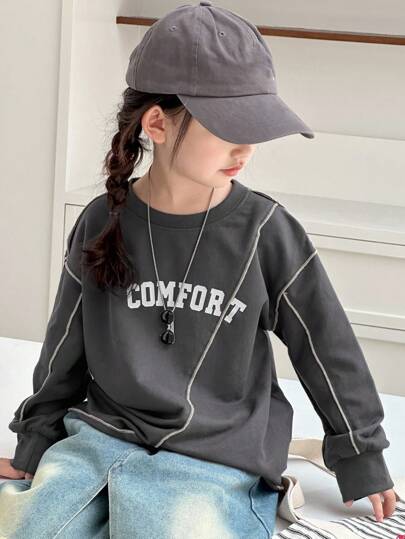 DAZY Young Girl Casual Contrast Stitching Letter Print T-Shirt Fall,Winter