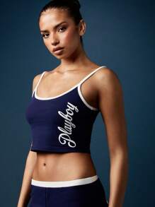 Missguided x Playboy 圣诞阔腿裤搭配短款吊带背心家居服套装 - 藍色 - 查看 3