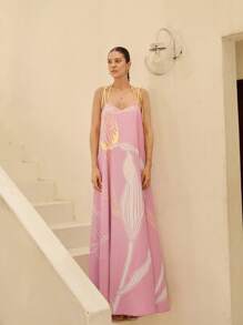 Sunsella Print Tie Spaghetti Straps A Line Maxi Dress Summer Women Vacation Holiday Outfit - Multicolor - View 5