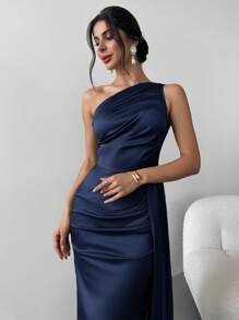 Firerie 女式褶饰荷叶边单肩褶皱连衣裙，适合派对、舞会、晚礼服、优雅、宴会、约会之夜、性感、鸡尾酒会、毕业典礼 - 藏蓝色 - 查看 4