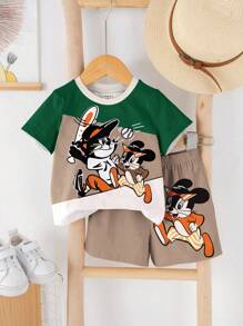 SHEIN 男婴休闲简约圆领短袖T恤短裤套装（2件），适合夏季穿着，男婴夏季服装，男婴卡通服装，男婴夏季套装 - 彩色 - 查看 2