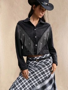 Easelle Women's Denim Jacket, Diamond Tassel Cool Versatile Jacket, Early Autumn Tops And Jackets, Back To School Season, Vintage, Fall Women Clothes, Western Wear Women Fall Clothes Women