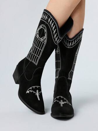 Goth Women's Gothic Punk Embroidery V-Cut Western Cowboy Boots, Thick Heel Tall Mid-Calf Boots