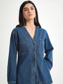 Daynim 女式休闲长袖开襟牛仔夹克 - 中等水洗藍 - 查看 5