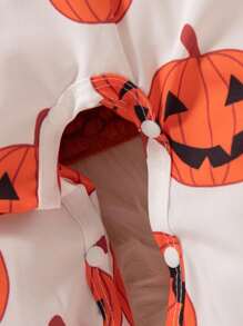 SHEIN 1件装女婴万圣节服装，罗纹面料荷叶边蝴蝶结南瓜印花连体衣，配发带，可爱连体衣，适合秋/春季穿着，万圣节南瓜宝宝套装，适合万圣节派对秋冬季