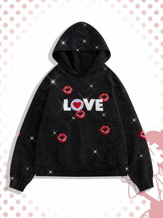 Betty Boop | ROMWE Men's Rhinestone & Letter Graphic Long Sleeve Hoodie