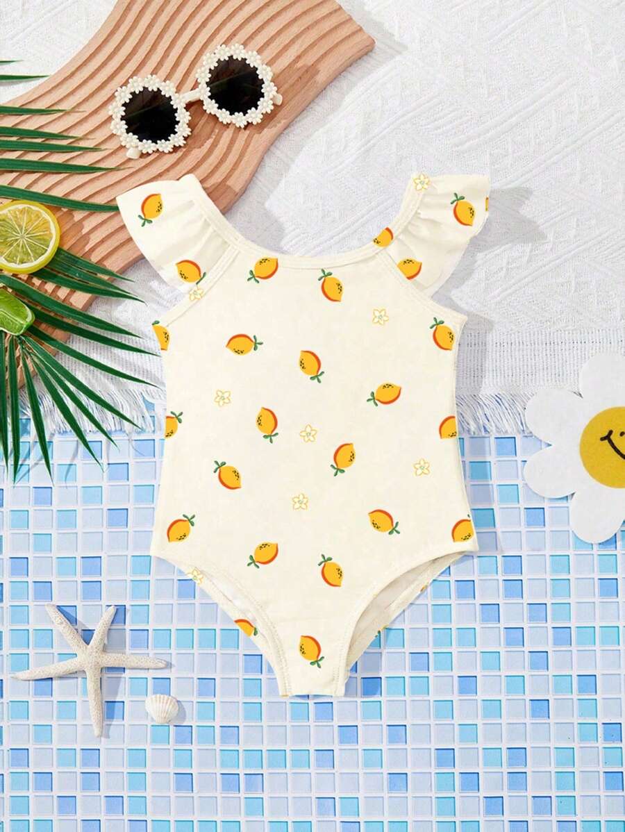 女婴奶油色休闲修身水果花卉图案连体泳衣，适合夏季 - 彩色 - 查看 1